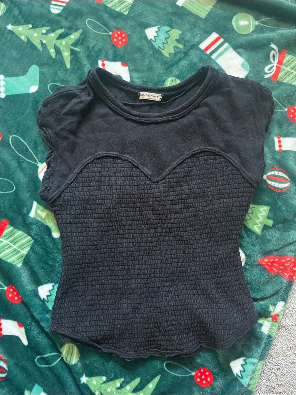 We The Free Black Short Sleeve Smocked Tee
